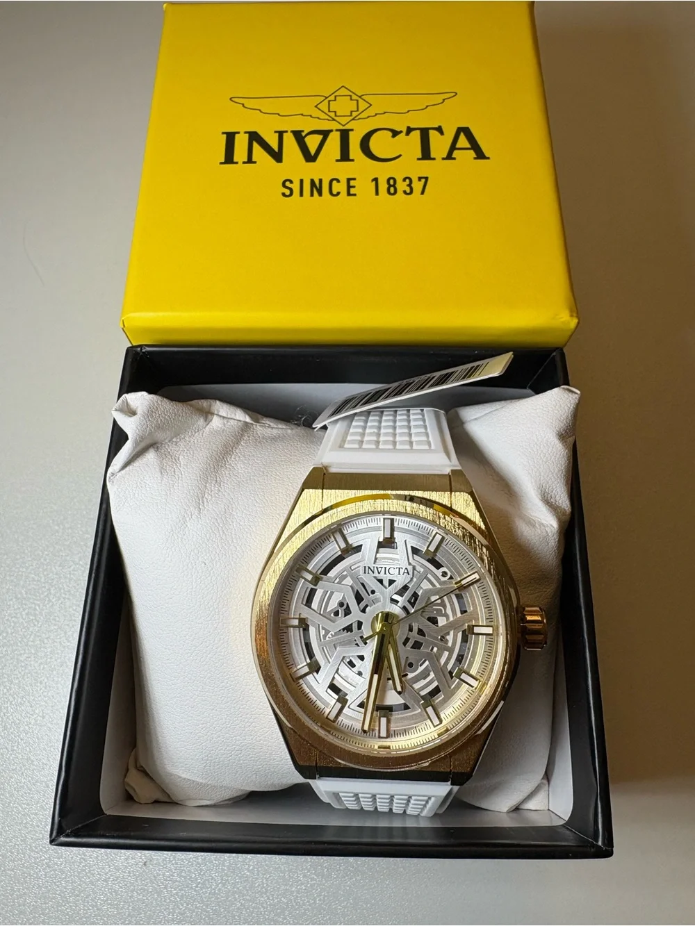 Invicta Gold-Tone Case with White Silicone Strap Skeleton Dial Watch